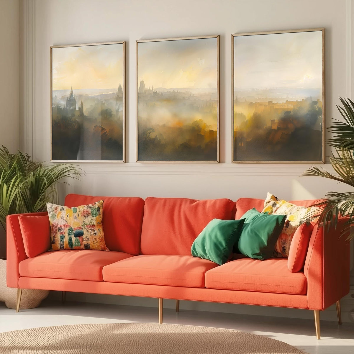 Misty City Skyline Set of Three Art Prints - 3 Golden Dawn Cityscape Posters - Atmospheric Spires Wall Art Watercolour Painting