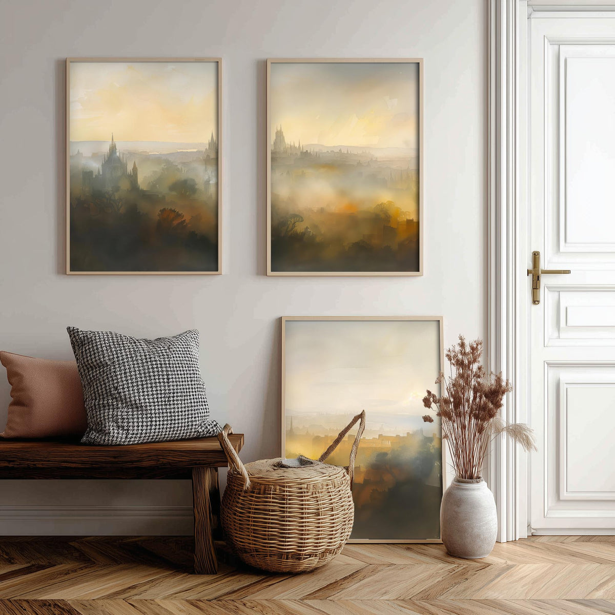 Misty City Skyline Set of Three Art Prints - 3 Golden Dawn Cityscape Posters - Atmospheric Spires Wall Art Watercolour Painting