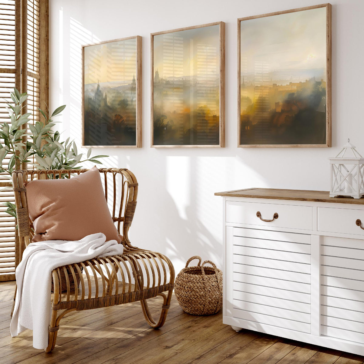 Misty City Skyline Set of Three Art Prints - 3 Golden Dawn Cityscape Posters - Atmospheric Spires Wall Art Watercolour Painting