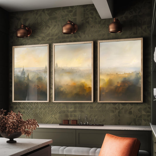 Misty City Skyline Set of Three Art Prints - 3 Golden Dawn Cityscape Posters - Atmospheric Spires Wall Art Watercolour Painting