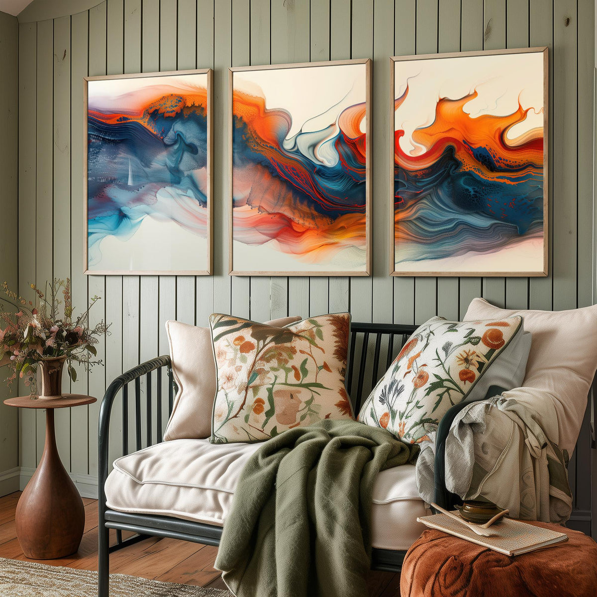 Orange and Blue Abstract Set of Three Art Prints - 3 Swirling Fluid Wave Posters - Modern Marble Wall Art Digital Painting