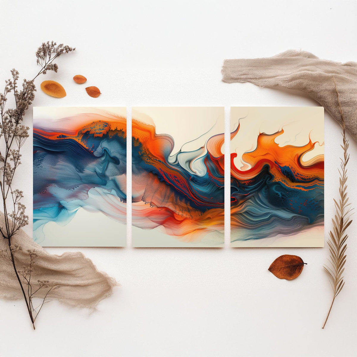 Orange and Blue Abstract Set of Three Art Prints - 3 Swirling Fluid Wave Posters - Modern Marble Wall Art Digital Painting