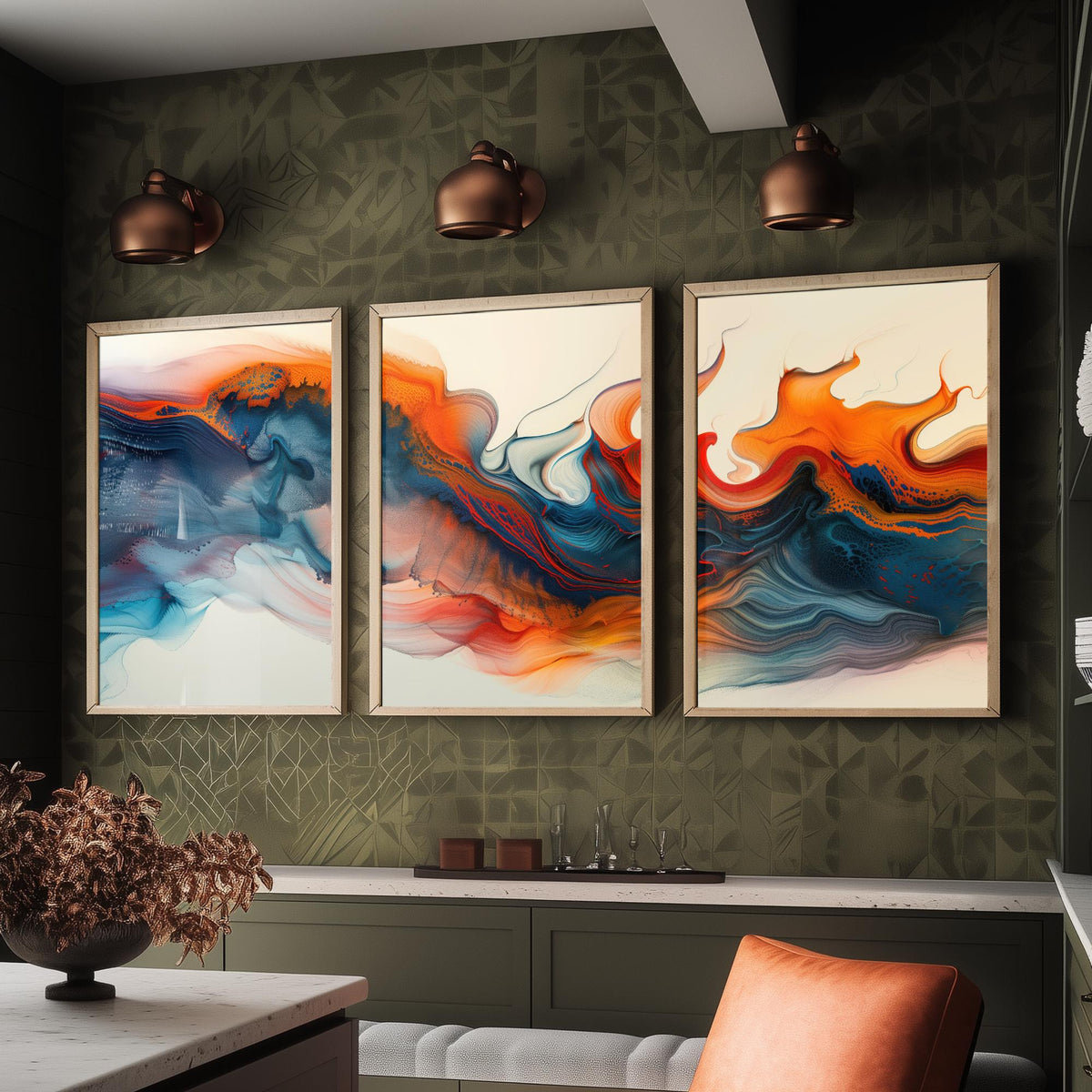 Orange and Blue Abstract Set of Three Art Prints - 3 Swirling Fluid Wave Posters - Modern Marble Wall Art Digital Painting