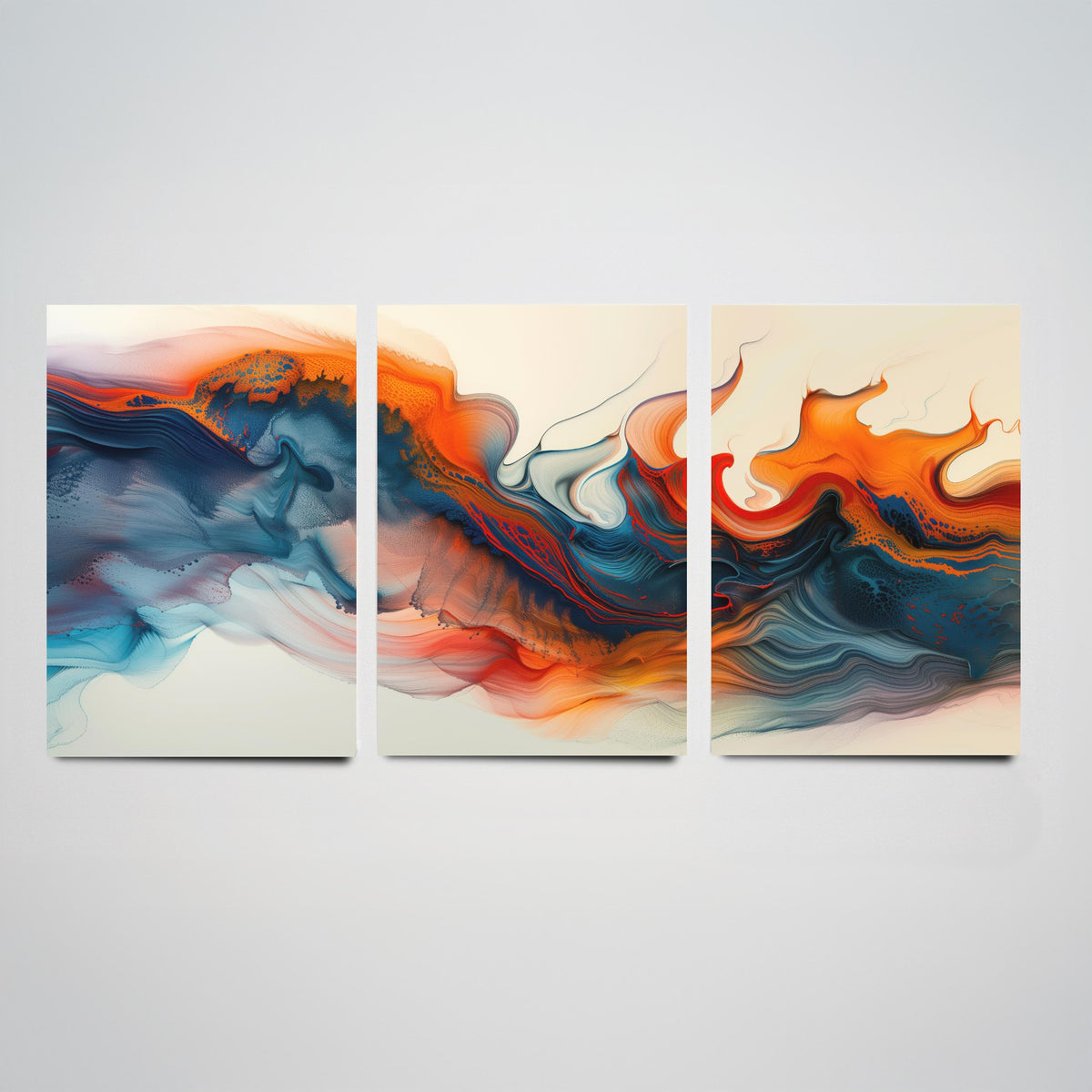 Orange and Blue Abstract Set of Three Art Prints - 3 Swirling Fluid Wave Posters - Modern Marble Wall Art Digital Painting