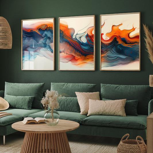 Orange and Blue Abstract Set of Three Art Prints - 3 Swirling Fluid Wave Posters - Modern Marble Wall Art Digital Painting