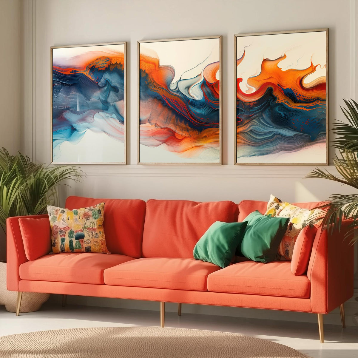 Orange and Blue Abstract Set of Three Art Prints - 3 Swirling Fluid Wave Posters - Modern Marble Wall Art Digital Painting