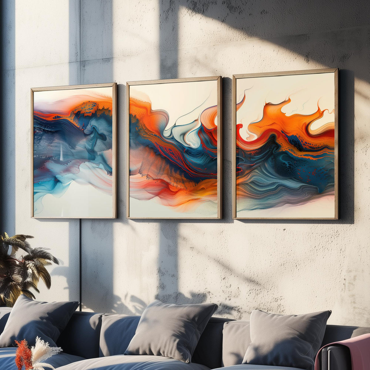 Orange and Blue Abstract Set of Three Art Prints - 3 Swirling Fluid Wave Posters - Modern Marble Wall Art Digital Painting