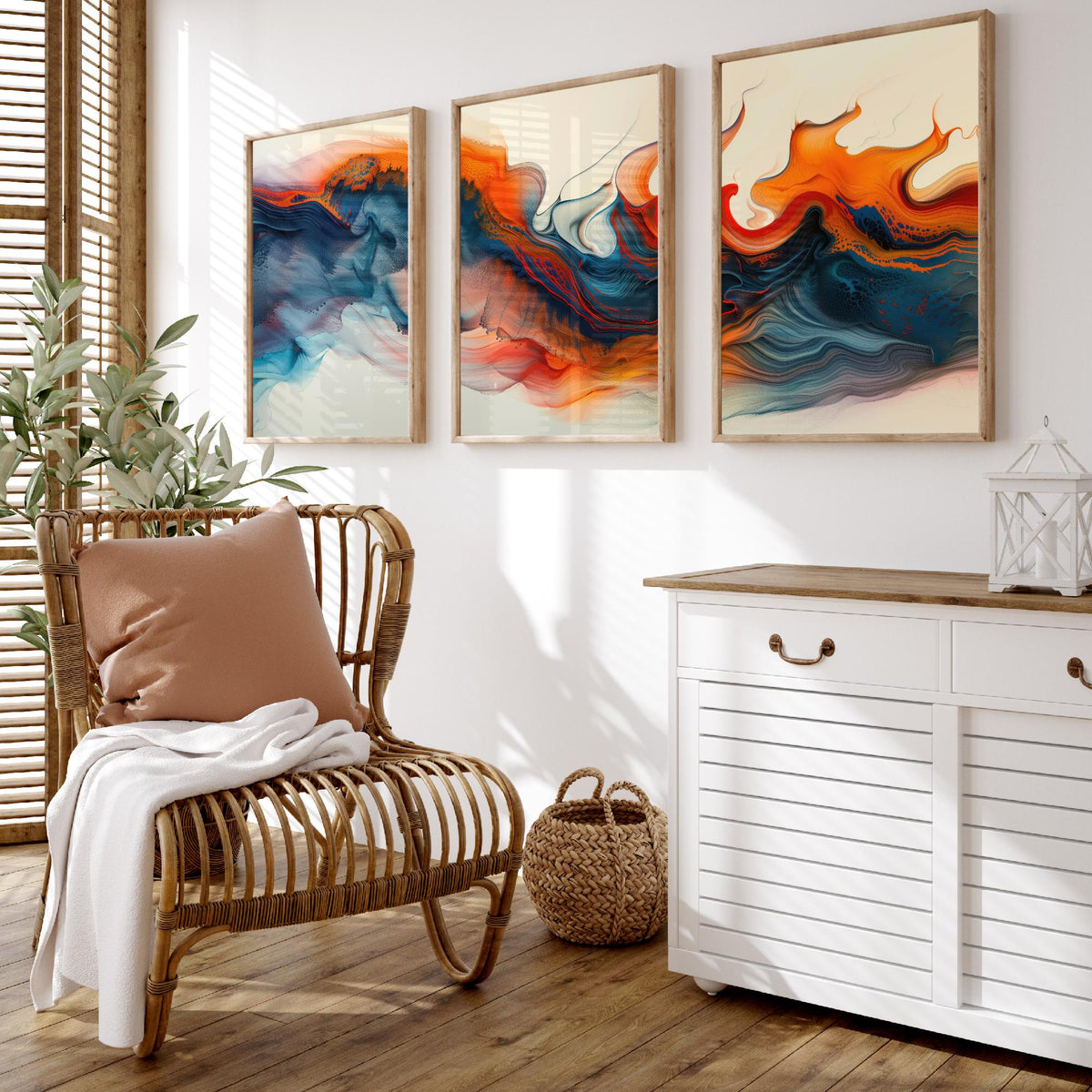 Orange and Blue Abstract Set of Three Art Prints - 3 Swirling Fluid Wave Posters - Modern Marble Wall Art Digital Painting
