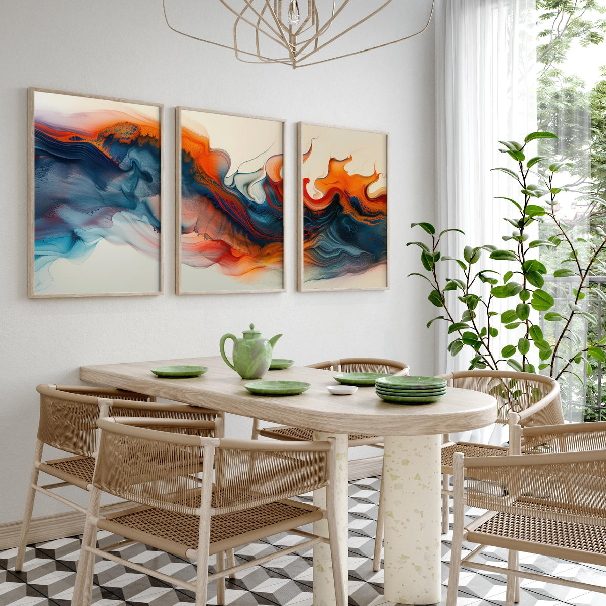 Orange and Blue Abstract Set of Three Art Prints - 3 Swirling Fluid Wave Posters - Modern Marble Wall Art Digital Painting