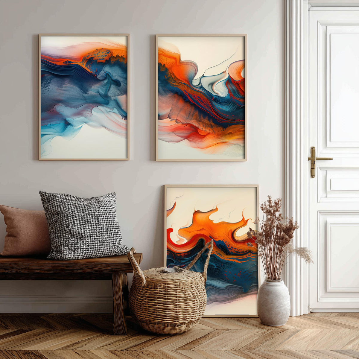 Orange and Blue Abstract Set of Three Art Prints - 3 Swirling Fluid Wave Posters - Modern Marble Wall Art Digital Painting