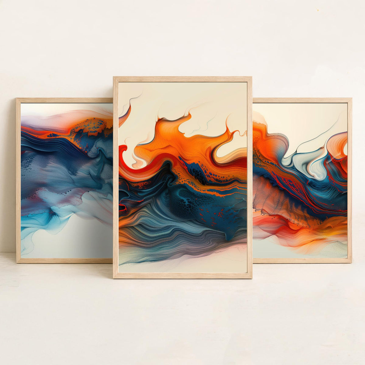 Orange and Blue Abstract Set of Three Art Prints - 3 Swirling Fluid Wave Posters - Modern Marble Wall Art Digital Painting