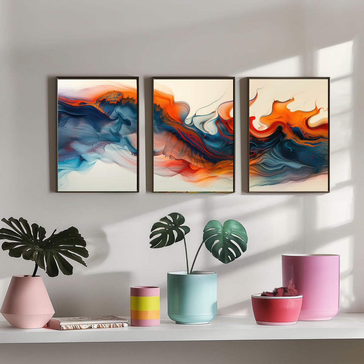 Orange and Blue Abstract Set of Three Art Prints - 3 Swirling Fluid Wave Posters - Modern Marble Wall Art Digital Painting