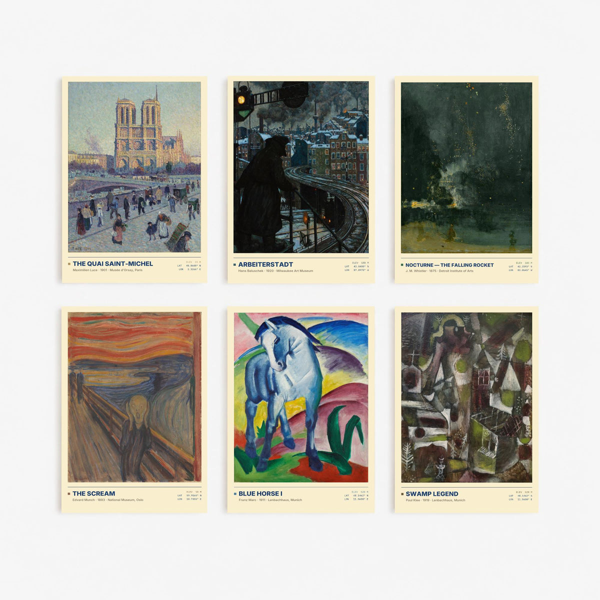 Set of Six Modern Art Movement Paintings - 6 Expressionist Art Prints - Munch, Whistler, Franz Marc, Klee - The Scream Poster Set