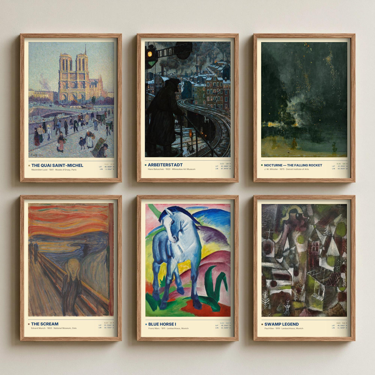 Set of Six Modern Art Movement Paintings - 6 Expressionist Art Prints - Munch, Whistler, Franz Marc, Klee - The Scream Poster Set