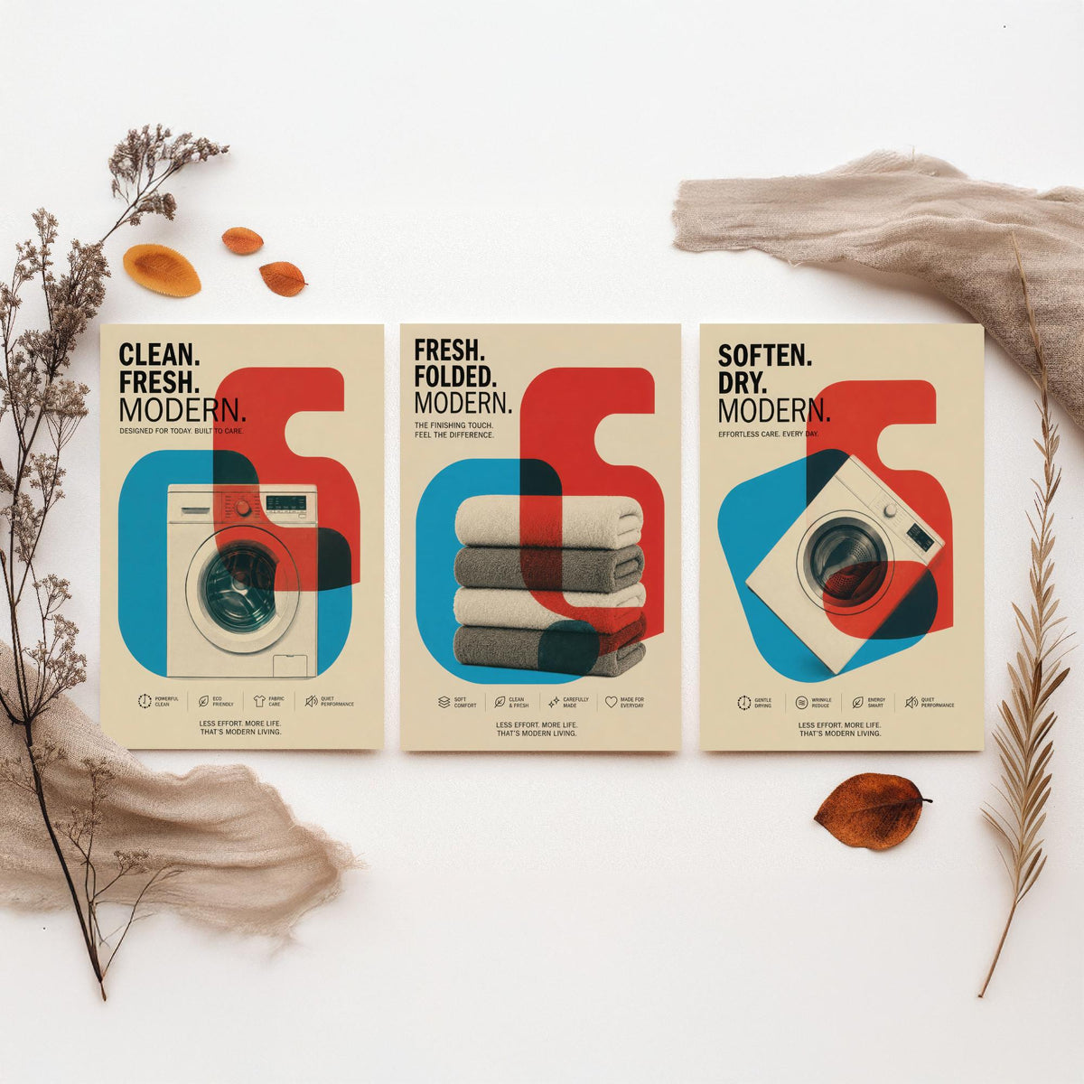 Modernist Laundry Room Set of Three Art Prints - 3 Washing Machine Towels Dryer Posters - Retro Bauhaus Wall Art Illustration