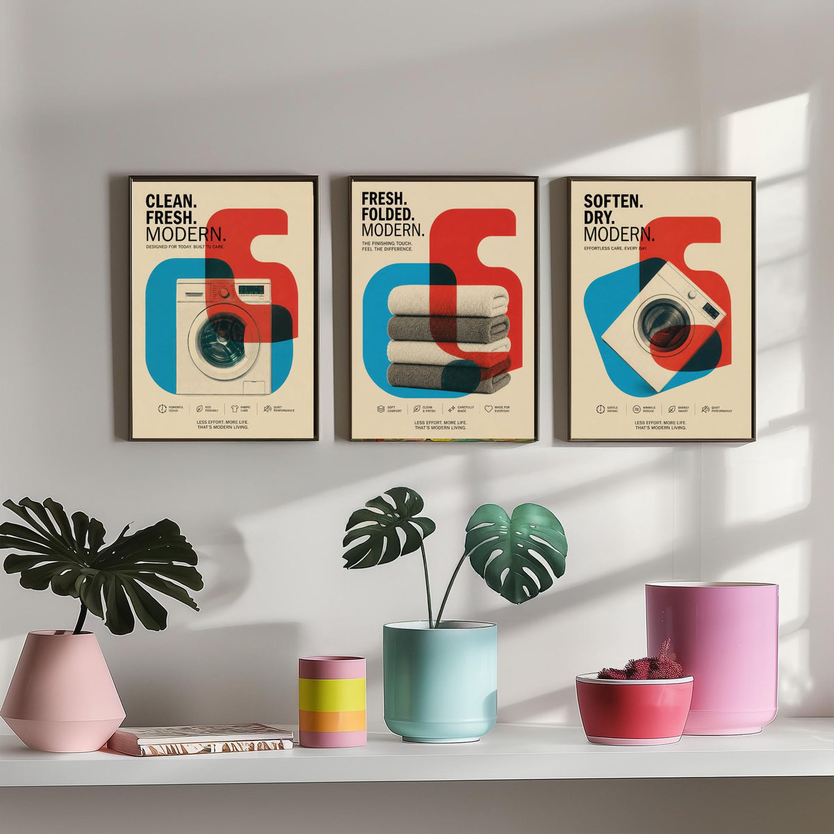 Modernist Laundry Room Set of Three Art Prints - 3 Washing Machine Towels Dryer Posters - Retro Bauhaus Wall Art Illustration