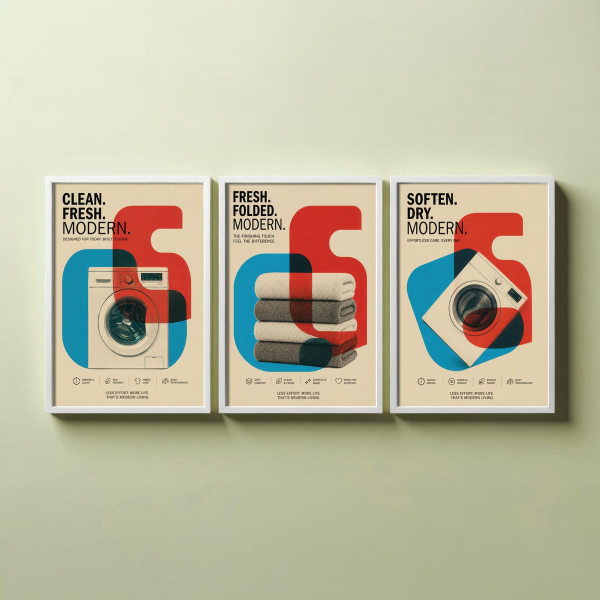 Modernist Laundry Room Set of Three Art Prints - 3 Washing Machine Towels Dryer Posters - Retro Bauhaus Wall Art Illustration