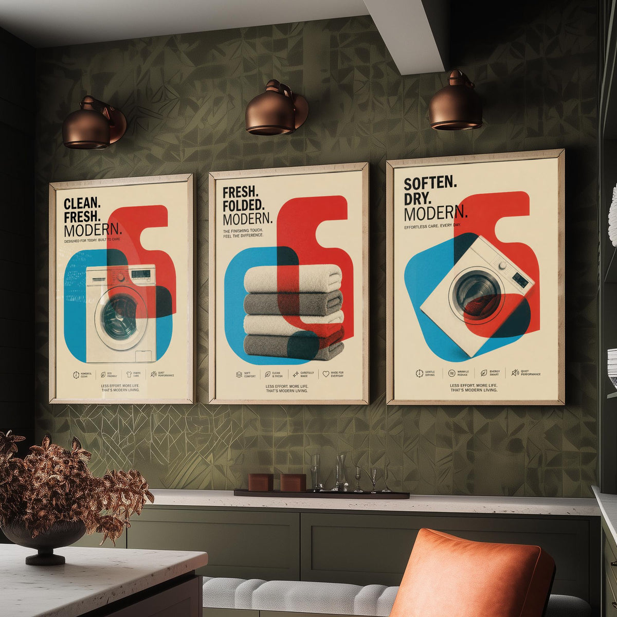 Modernist Laundry Room Set of Three Art Prints - 3 Washing Machine Towels Dryer Posters - Retro Bauhaus Wall Art Illustration