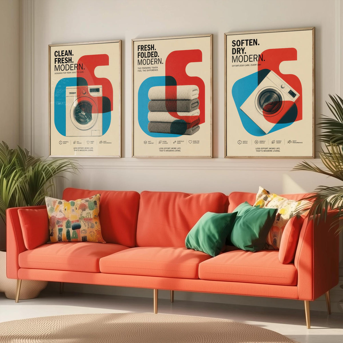 Modernist Laundry Room Set of Three Art Prints - 3 Washing Machine Towels Dryer Posters - Retro Bauhaus Wall Art Illustration