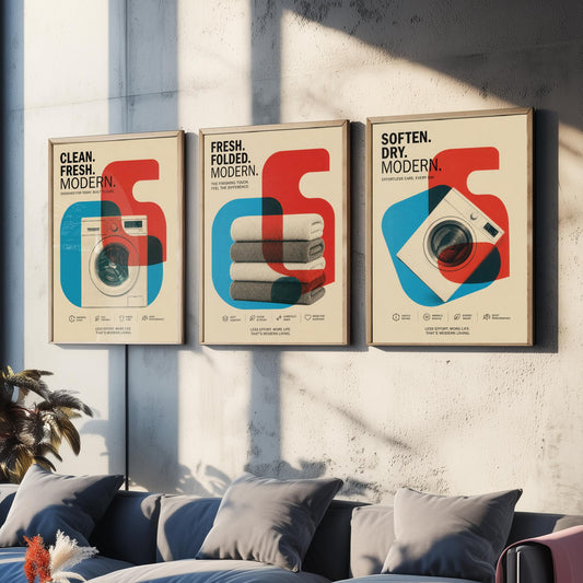 Modernist Laundry Room Set of Three Art Prints - 3 Washing Machine Towels Dryer Posters - Retro Bauhaus Wall Art Illustration