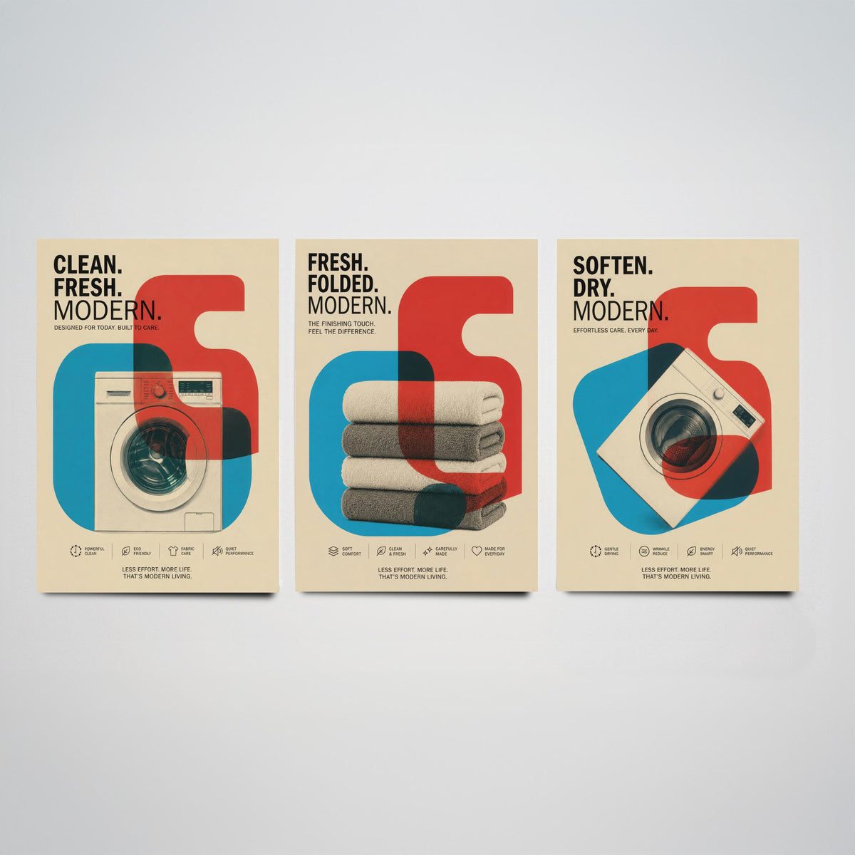 Modernist Laundry Room Set of Three Art Prints - 3 Washing Machine Towels Dryer Posters - Retro Bauhaus Wall Art Illustration