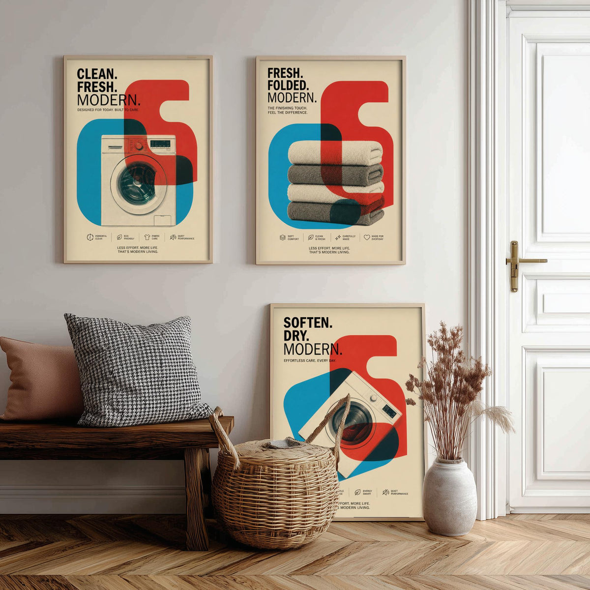 Modernist Laundry Room Set of Three Art Prints - 3 Washing Machine Towels Dryer Posters - Retro Bauhaus Wall Art Illustration