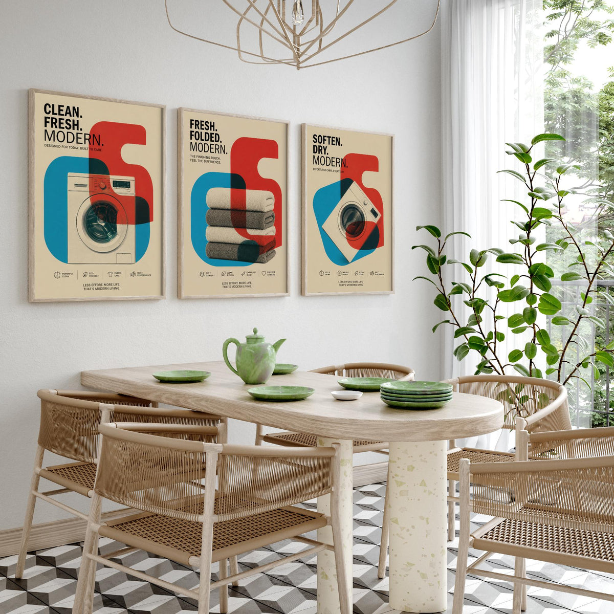 Modernist Laundry Room Set of Three Art Prints - 3 Washing Machine Towels Dryer Posters - Retro Bauhaus Wall Art Illustration