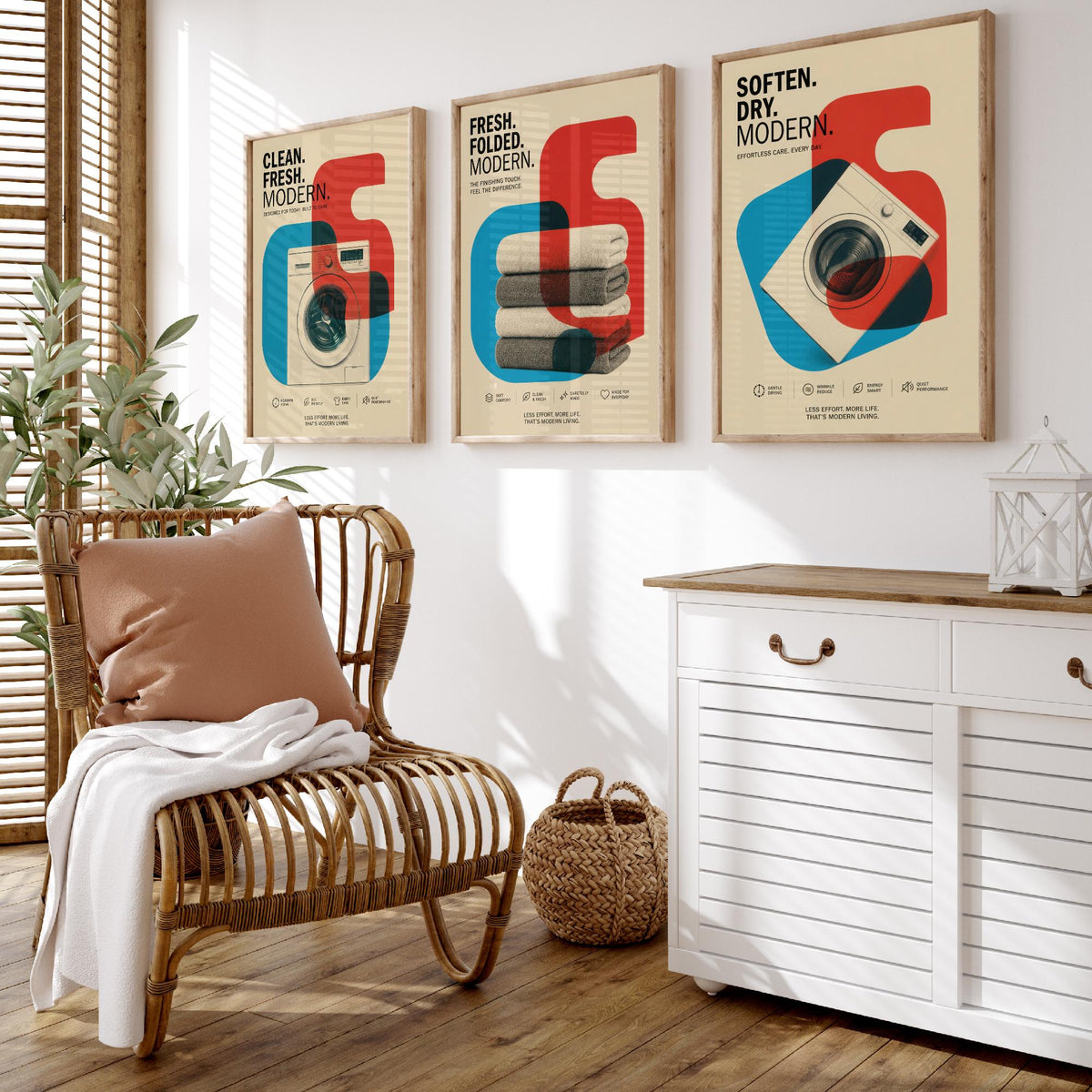 Modernist Laundry Room Set of Three Art Prints - 3 Washing Machine Towels Dryer Posters - Retro Bauhaus Wall Art Illustration