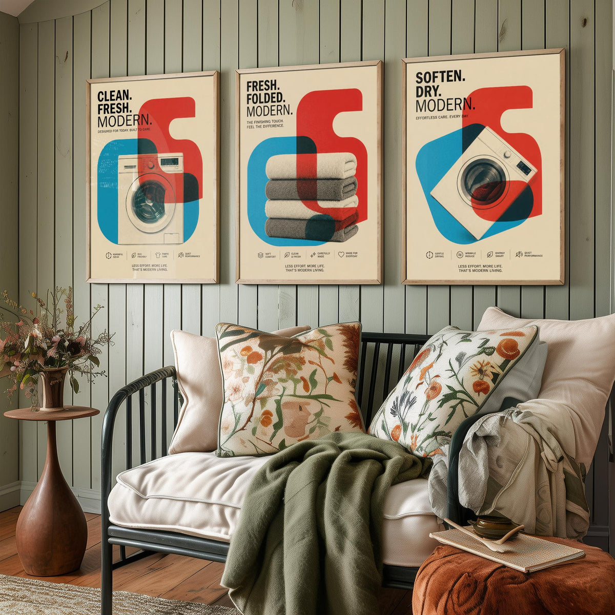 Modernist Laundry Room Set of Three Art Prints - 3 Washing Machine Towels Dryer Posters - Retro Bauhaus Wall Art Illustration