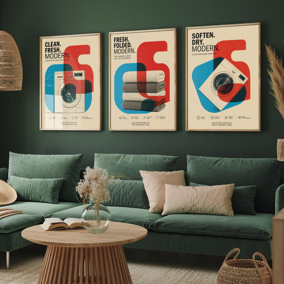Modernist Laundry Room Set of Three Art Prints - 3 Washing Machine Towels Dryer Posters - Retro Bauhaus Wall Art Illustration