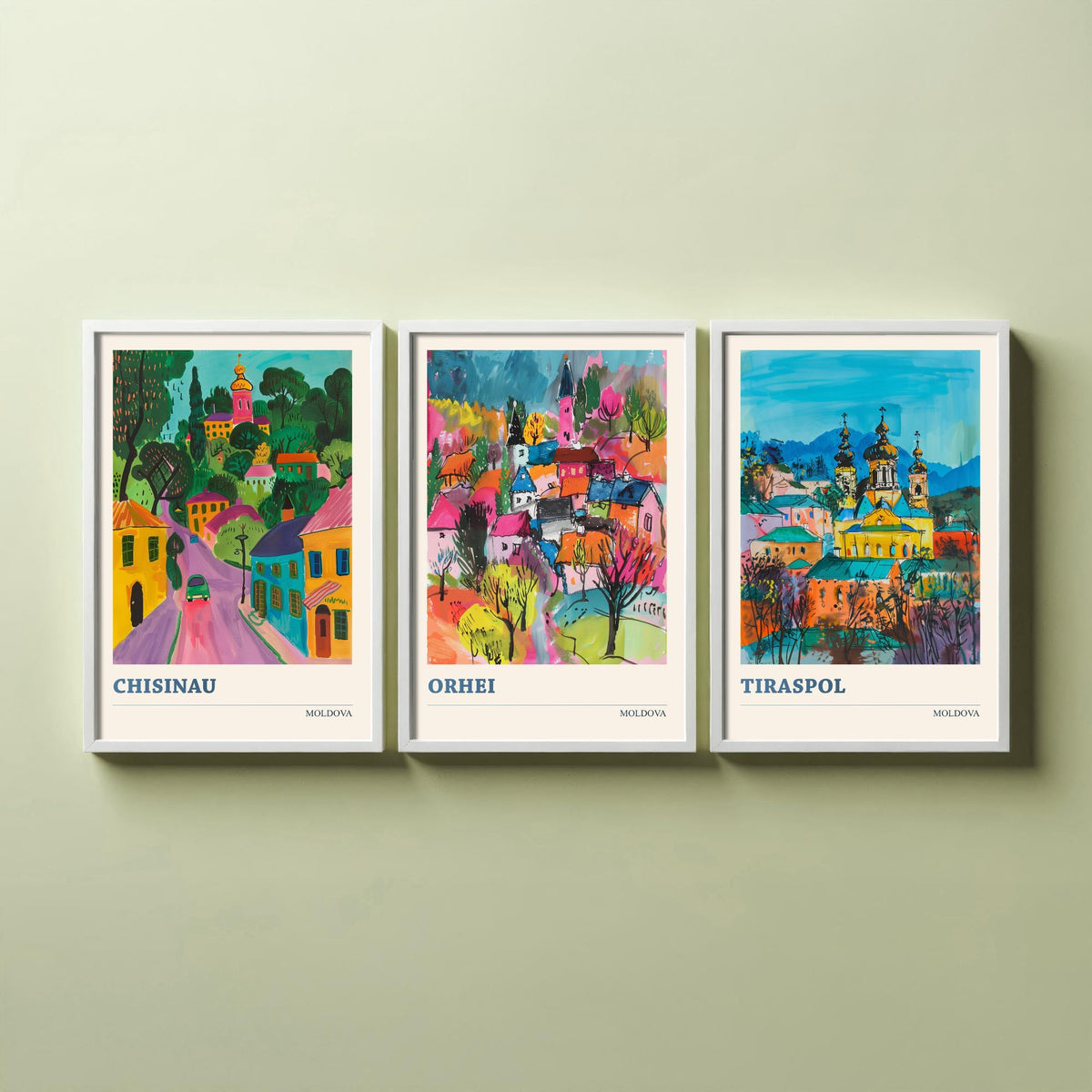 Set of Three Moldova Travel Posters - Chisinau, Orhei, Tiraspol - 3 Colourful Cityscape Art Prints Painting Illustration Map
