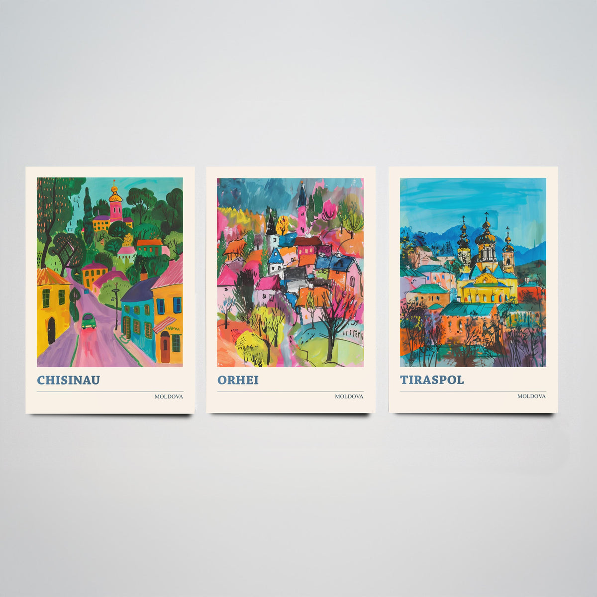 Set of Three Moldova Travel Posters - Chisinau, Orhei, Tiraspol - 3 Colourful Cityscape Art Prints Painting Illustration Map