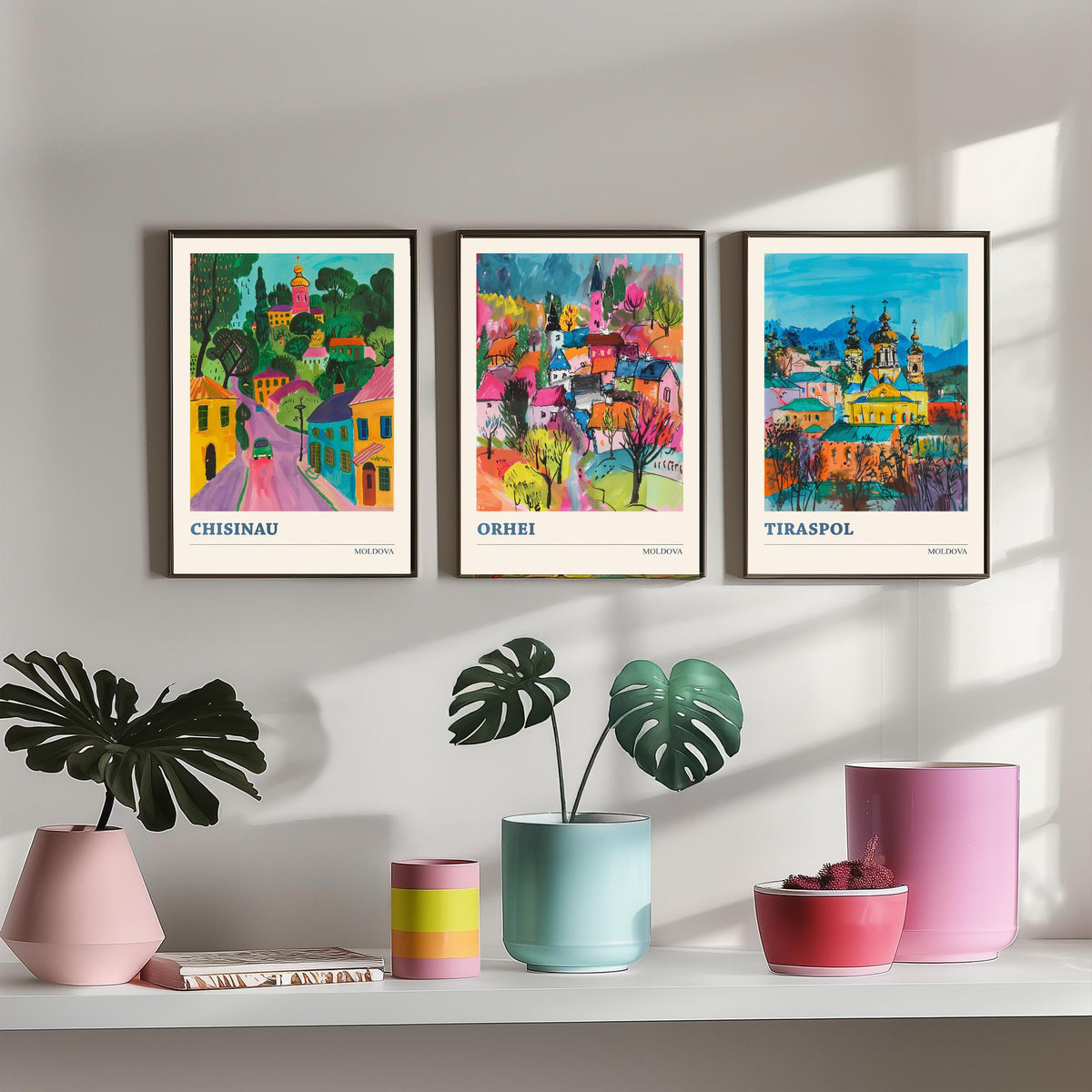 Set of Three Moldova Travel Posters - Chisinau, Orhei, Tiraspol - 3 Colourful Cityscape Art Prints Painting Illustration Map