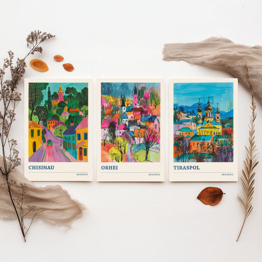 Set of Three Moldova Travel Posters - Chisinau, Orhei, Tiraspol - 3 Colourful Cityscape Art Prints Painting Illustration Map