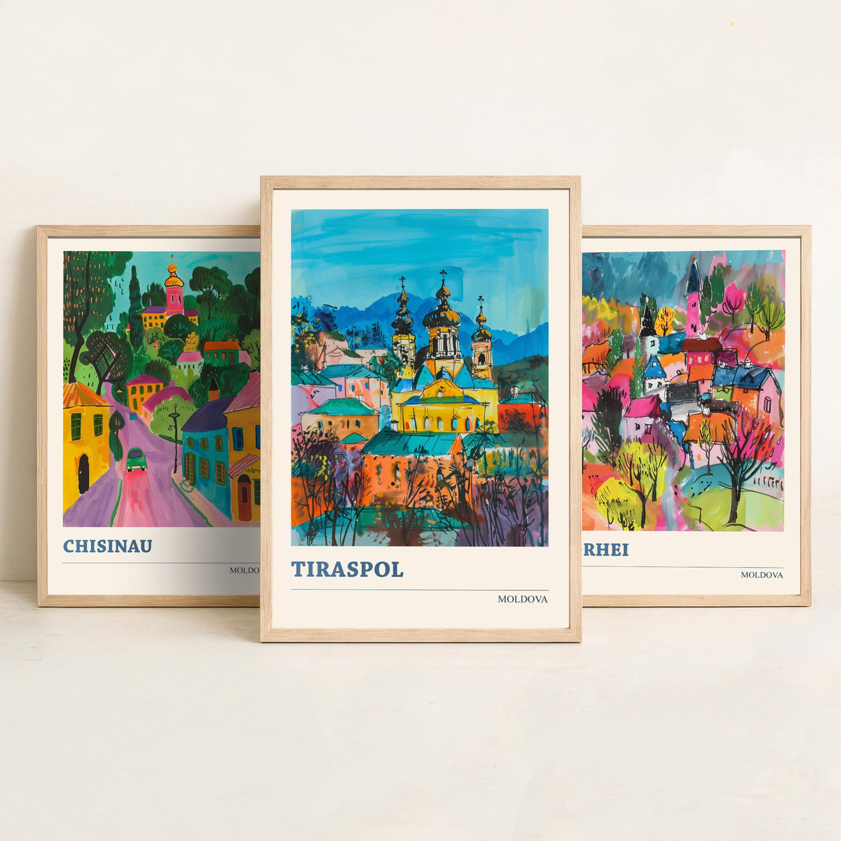 Set of Three Moldova Travel Posters - Chisinau, Orhei, Tiraspol - 3 Colourful Cityscape Art Prints Painting Illustration Map