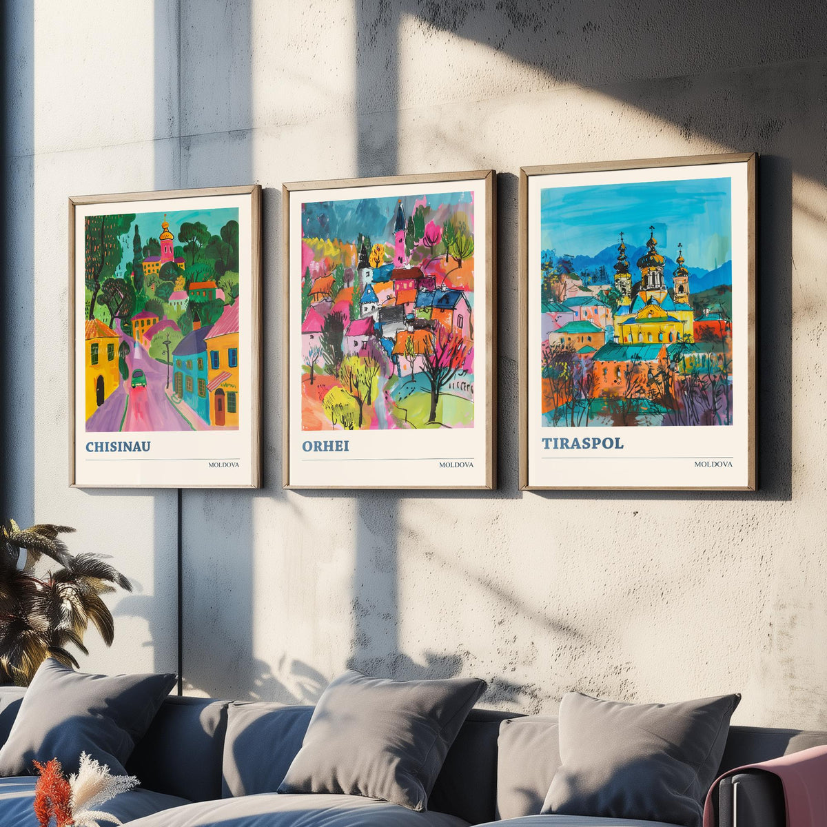 Set of Three Moldova Travel Posters - Chisinau, Orhei, Tiraspol - 3 Colourful Cityscape Art Prints Painting Illustration Map