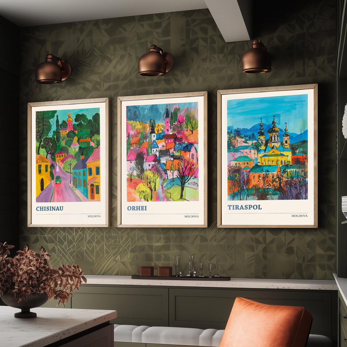 Set of Three Moldova Travel Posters - Chisinau, Orhei, Tiraspol - 3 Colourful Cityscape Art Prints Painting Illustration Map