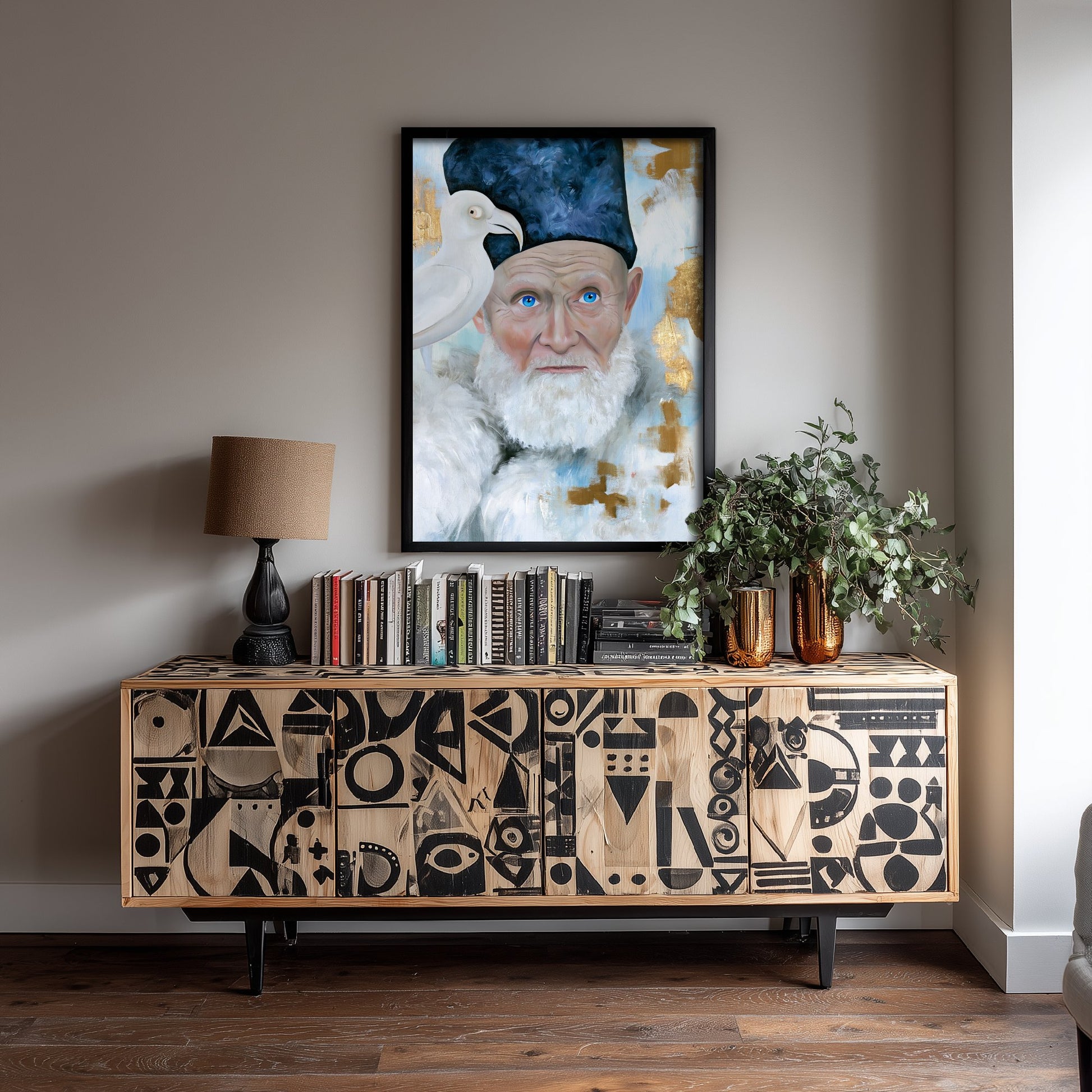 Mongolian Eagle Hunter Art Print - White Falcon Painting - Steppe Portrait Poster V2