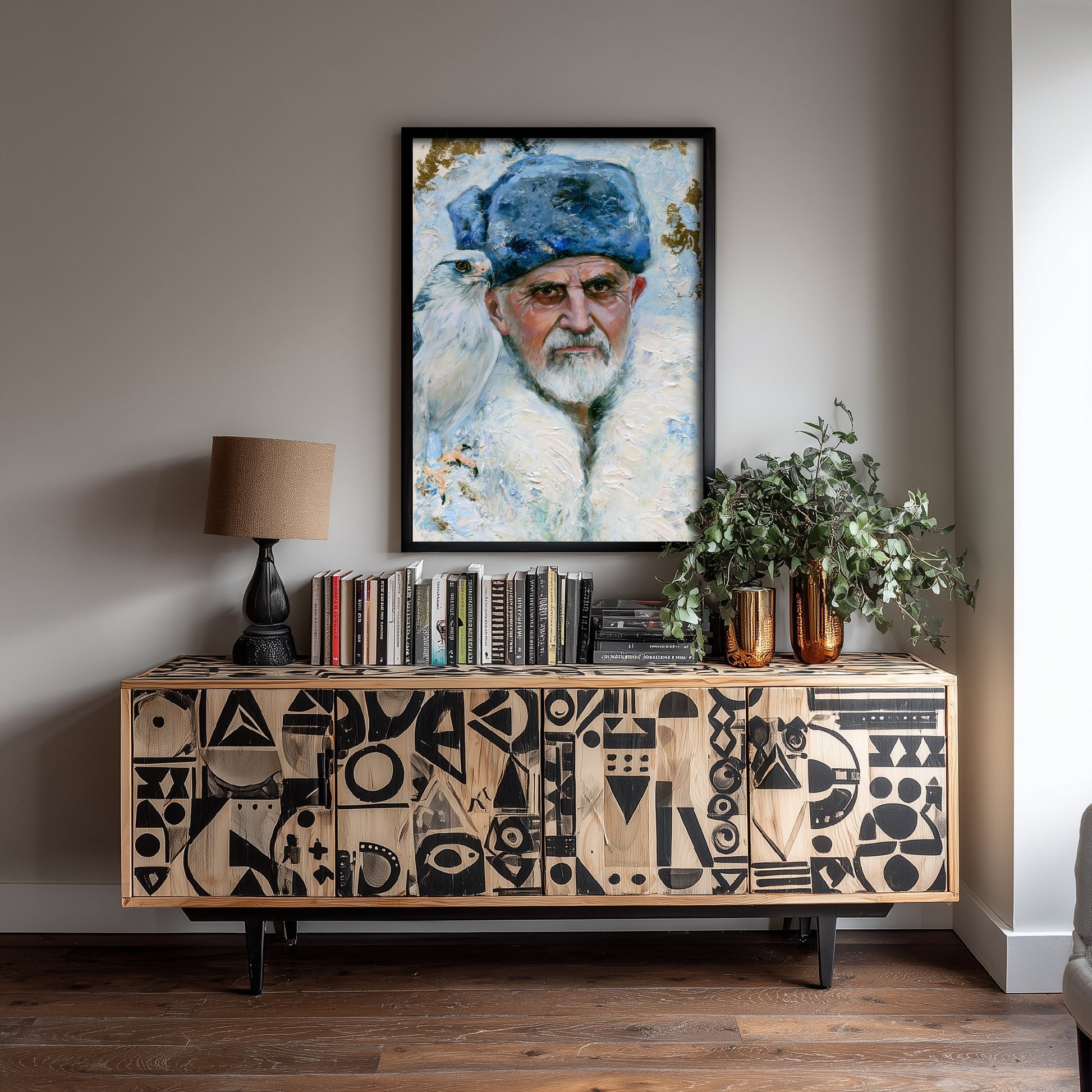 Mongolian Eagle Hunter Art Print - Falconry Hawk Painting - Kazakh Portrait Poster V3