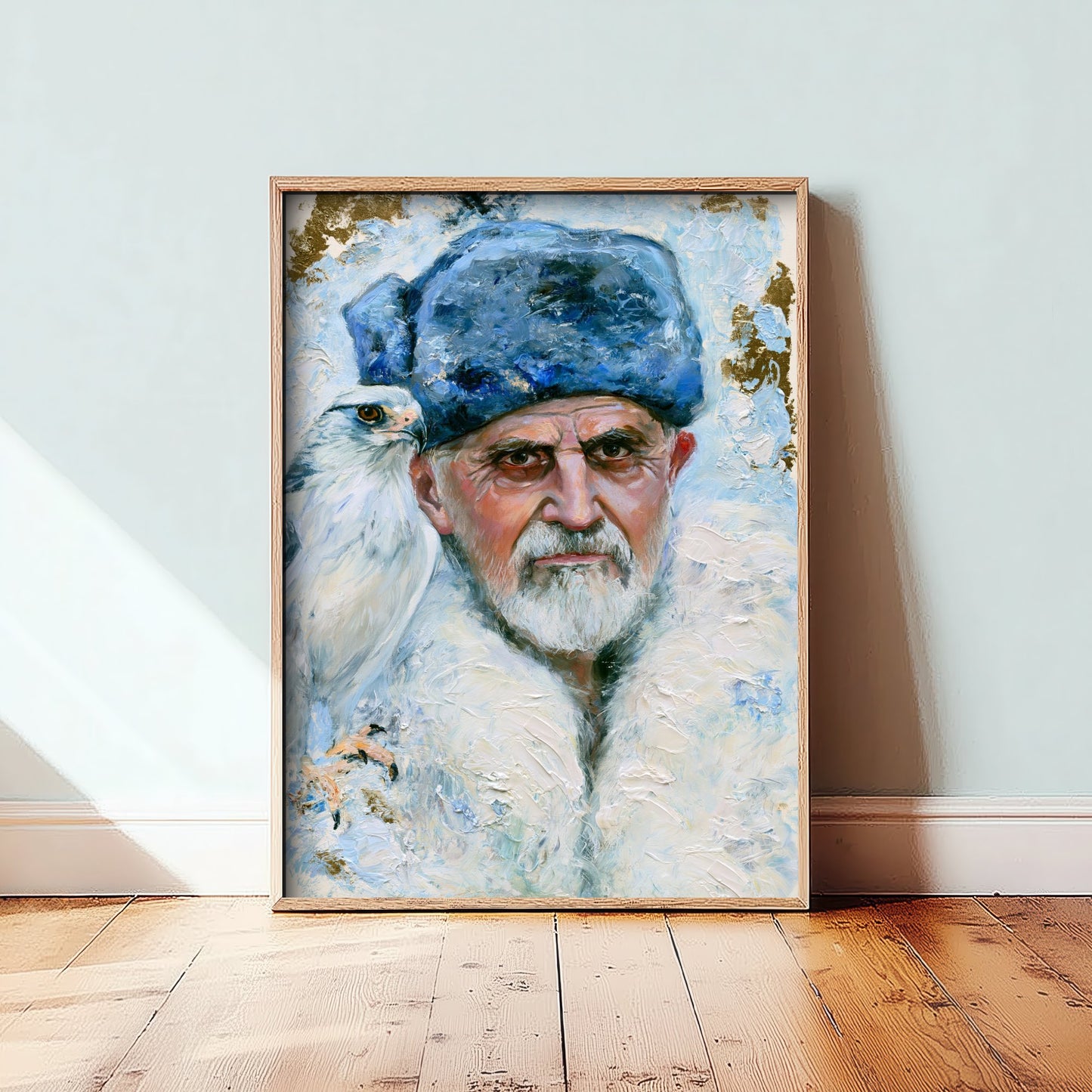 Mongolian Eagle Hunter Art Print - Falconry Hawk Painting - Kazakh Portrait Poster V3