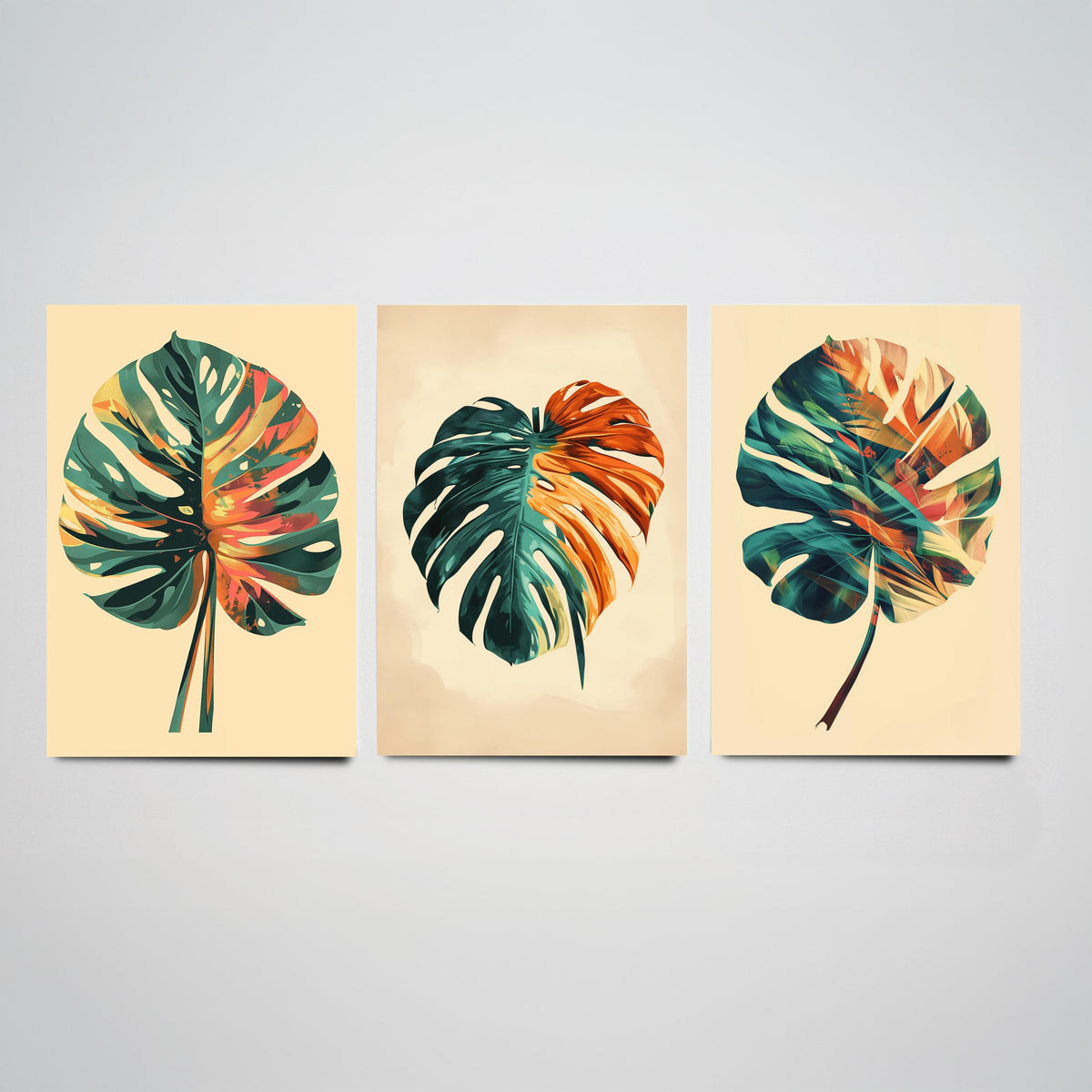 Kerala Monstera Leaf Set of Three Art Prints - 3 Tropical Palm Leaf Posters - India Botanical Jungle Wall Art Illustration