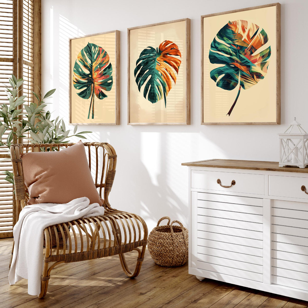 Kerala Monstera Leaf Set of Three Art Prints - 3 Tropical Palm Leaf Posters - India Botanical Jungle Wall Art Illustration