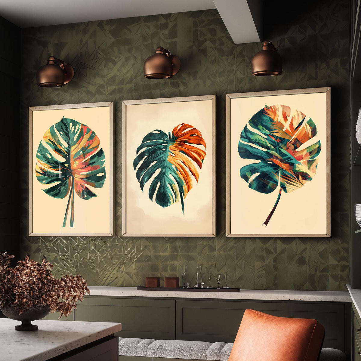 Kerala Monstera Leaf Set of Three Art Prints - 3 Tropical Palm Leaf Posters - India Botanical Jungle Wall Art Illustration