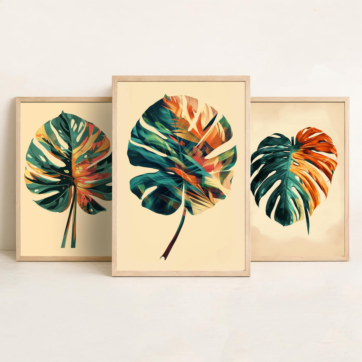 Kerala Monstera Leaf Set of Three Art Prints - 3 Tropical Palm Leaf Posters - India Botanical Jungle Wall Art Illustration