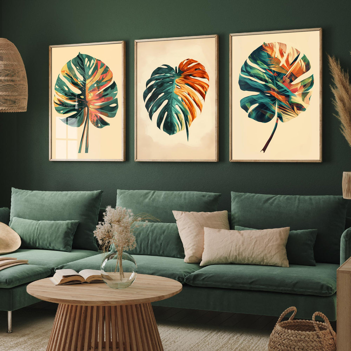 Kerala Monstera Leaf Set of Three Art Prints - 3 Tropical Palm Leaf Posters - India Botanical Jungle Wall Art Illustration