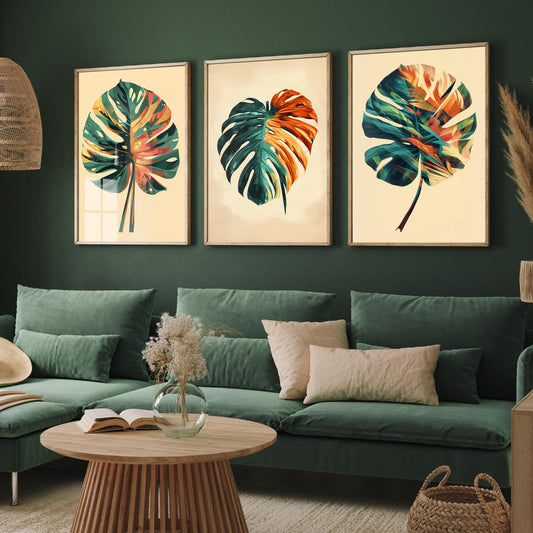 Kerala Monstera Leaf Set of Three Art Prints - 3 Tropical Palm Leaf Posters - India Botanical Jungle Wall Art Illustration