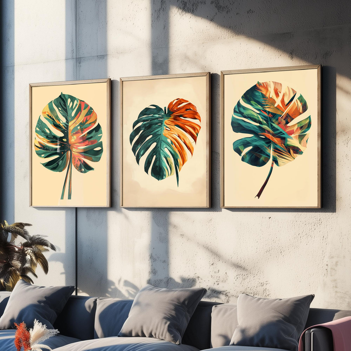 Kerala Monstera Leaf Set of Three Art Prints - 3 Tropical Palm Leaf Posters - India Botanical Jungle Wall Art Illustration