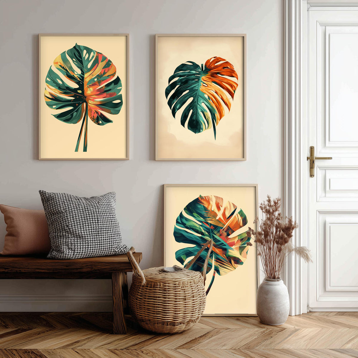 Kerala Monstera Leaf Set of Three Art Prints - 3 Tropical Palm Leaf Posters - India Botanical Jungle Wall Art Illustration