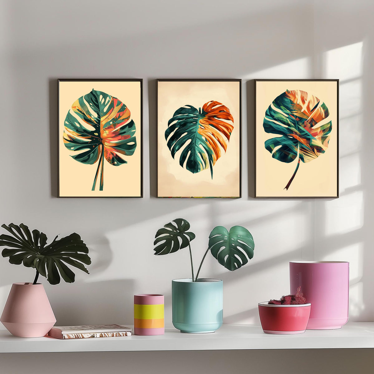 Kerala Monstera Leaf Set of Three Art Prints - 3 Tropical Palm Leaf Posters - India Botanical Jungle Wall Art Illustration