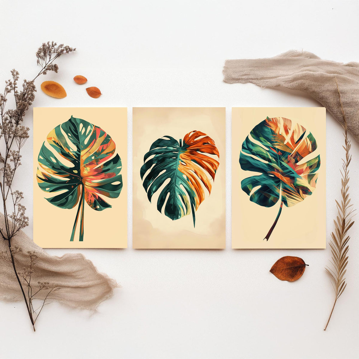 Kerala Monstera Leaf Set of Three Art Prints - 3 Tropical Palm Leaf Posters - India Botanical Jungle Wall Art Illustration
